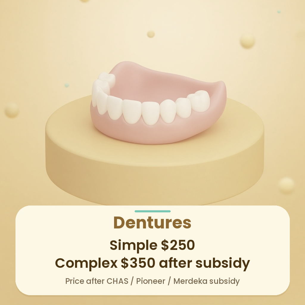 Denture price at Smileplus Dental: simple $250, complex $350 after CHAS, Pioneer or Merdeka subsidy