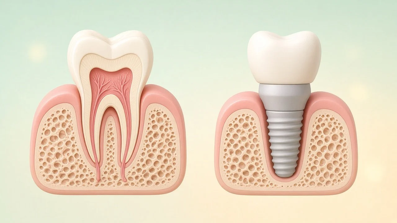 Illustration comparing a natural tooth with a dental implant replacing a missing tooth in the jaw