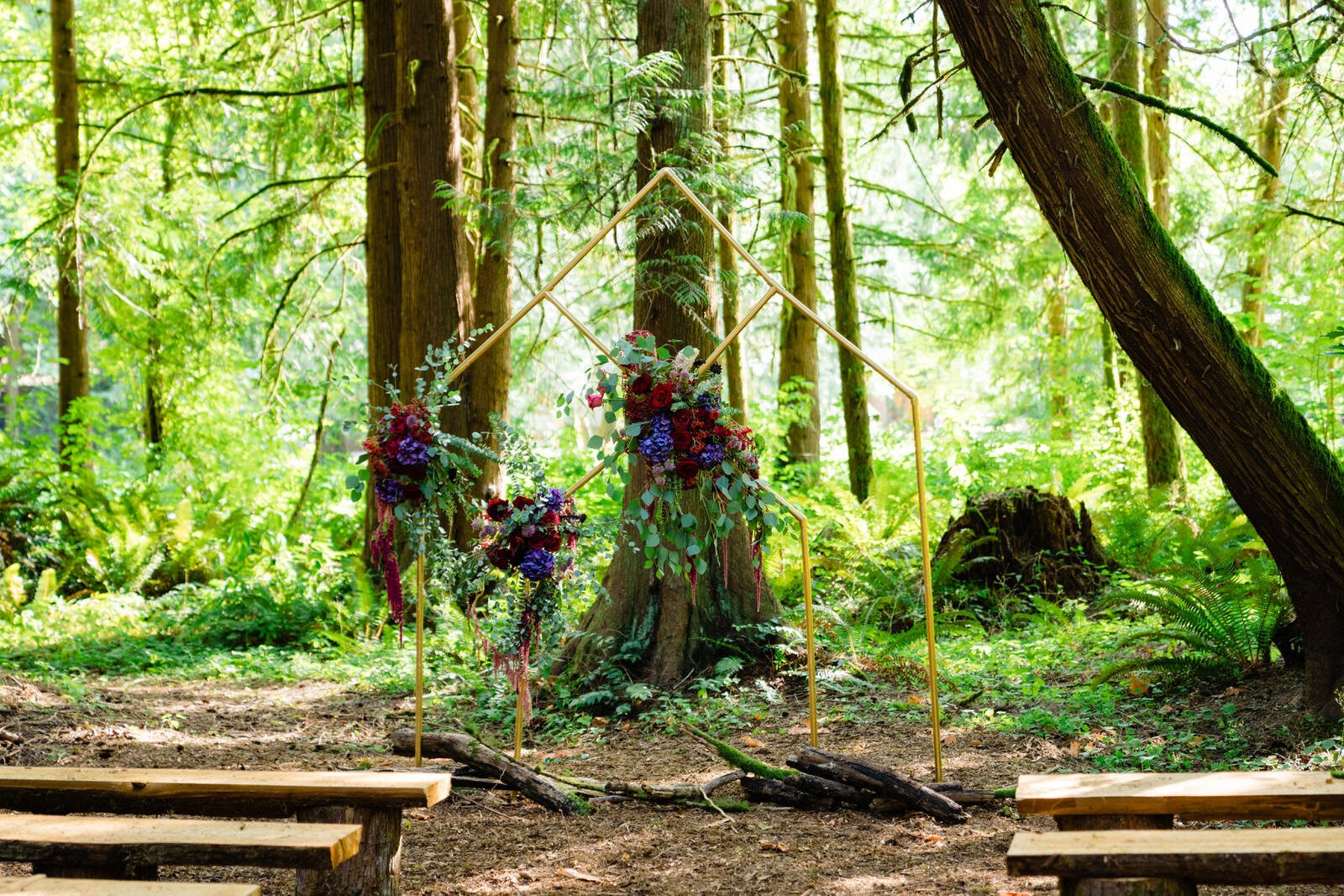 Elegant outdoor wedding ceremony setup featuring a modern geometric arch adorned with lush floral arrangements, set in a serene forest with rustic wooden benches.