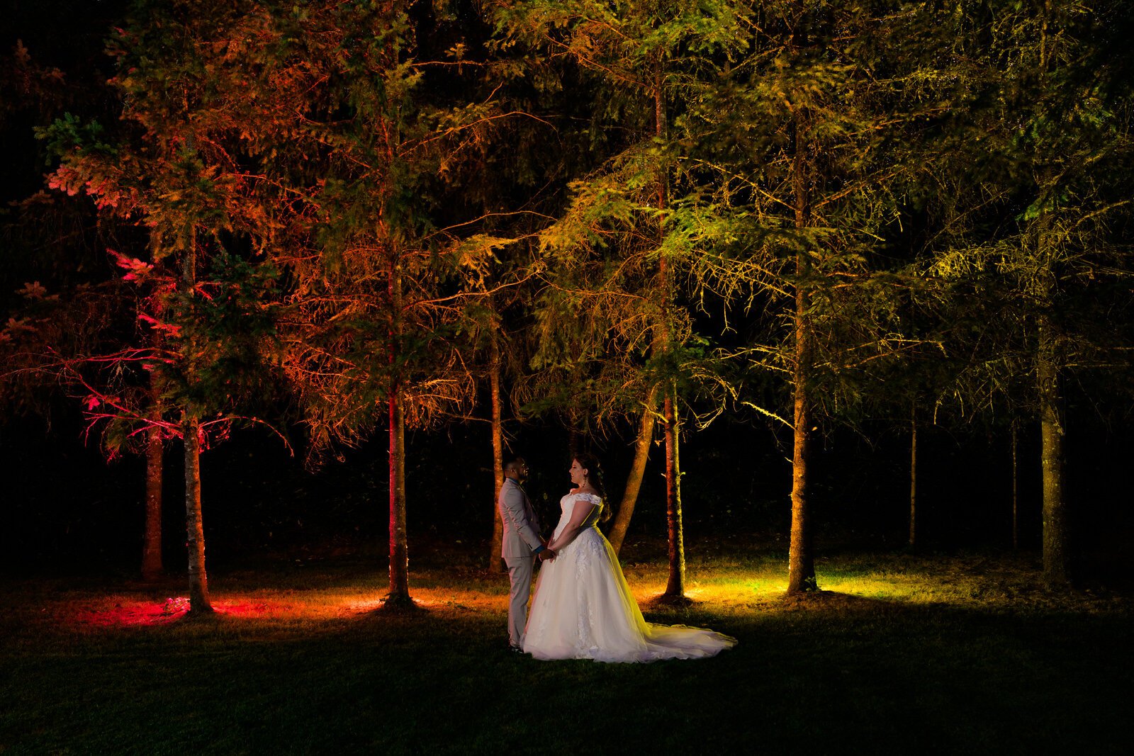 Bride and groom stand hand in hand under glowing trees illuminated by colorful lights, creating a magical and romantic nighttime wedding scene.