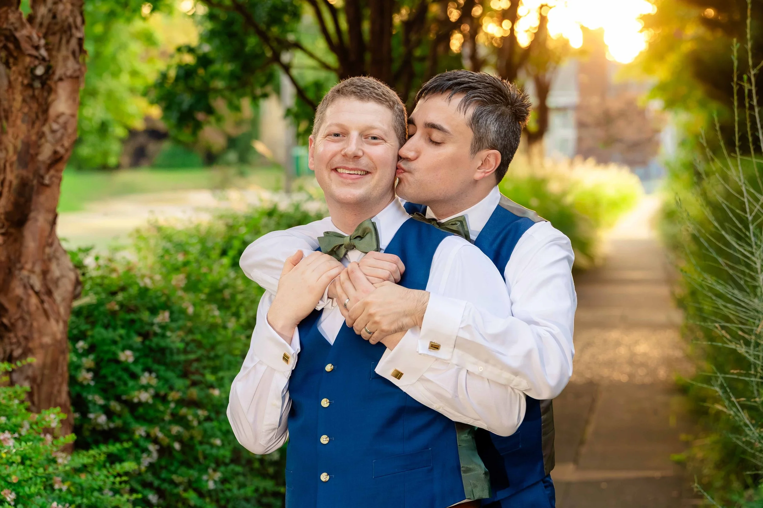 couple snuggling at sunset at Kennedy school in portland Oregon 