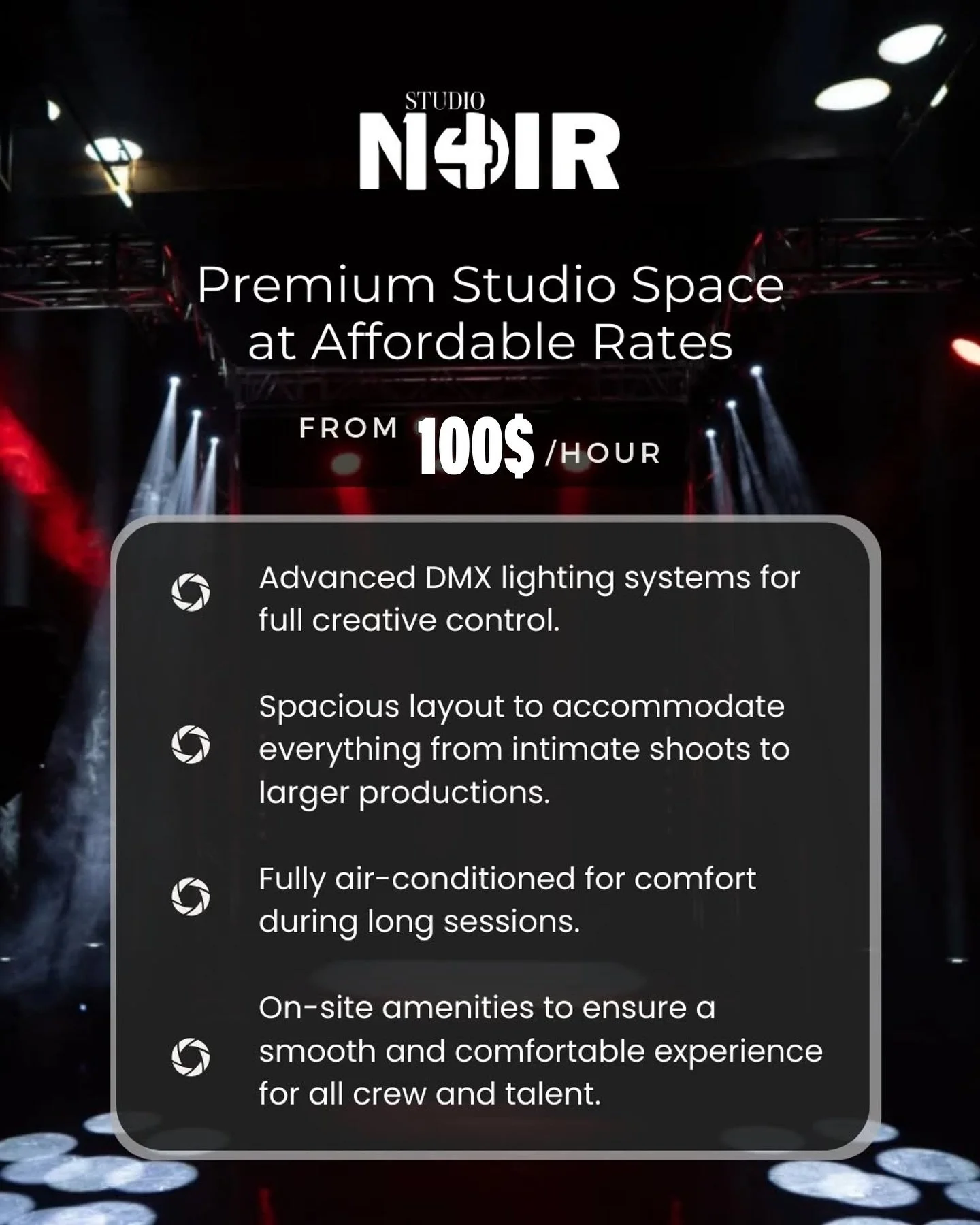Studio Noir is designed for creators who demand more - more control, more versatility, and more value.

Whether you&rsquo;re shooting a cinematic music video, crafting a high-fashion editorial, or capturing striking visuals, our black box studio prov