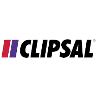 Clipsal logo in black color with red and blue stripe color
