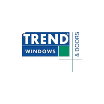 Trend window & doors logo in blue green background with a strip line