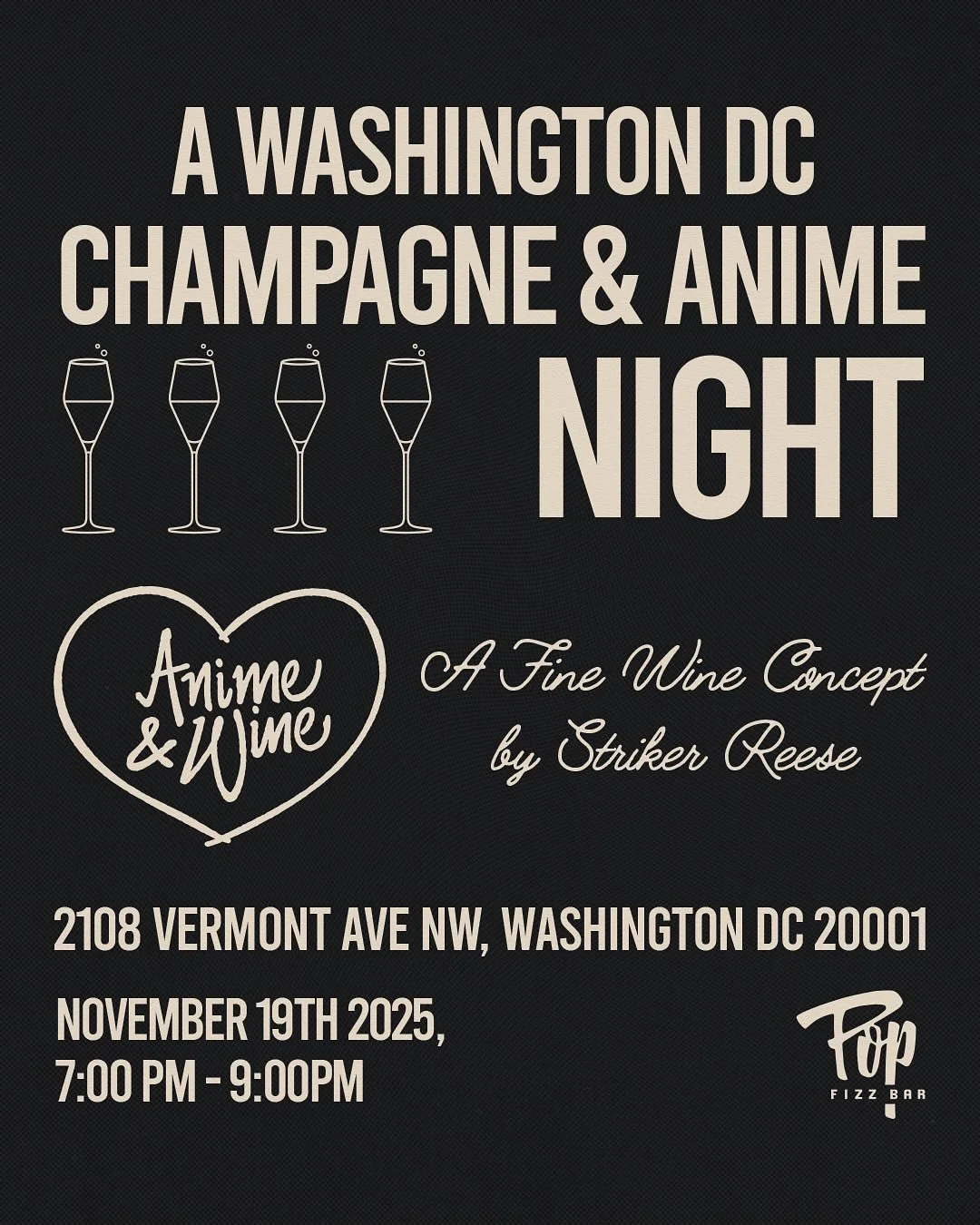 Join us for an elevated anime experience at Pop Fizz Bar in Washington DC!

🍸Ticket includes a complimentary cocktail, &ldquo;Champagne Problems&rdquo;

🔗 in bio 

With an eclectic mix of city pop and Japanese R&amp;B thematically paired with anime