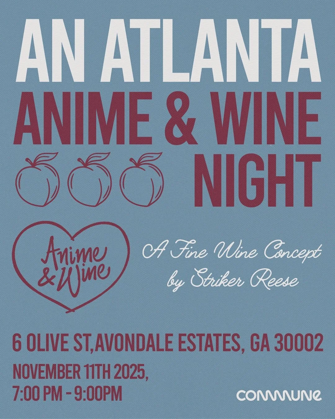 🍷Join us for an elevated anime experience at Commune!

With an eclectic mix of city pop and Japanese R&amp;B thematically paired with anime for a visual, sonic and tasting experience.
 
🔗 in bio 

Anime &amp; Wine is an international wine social cl