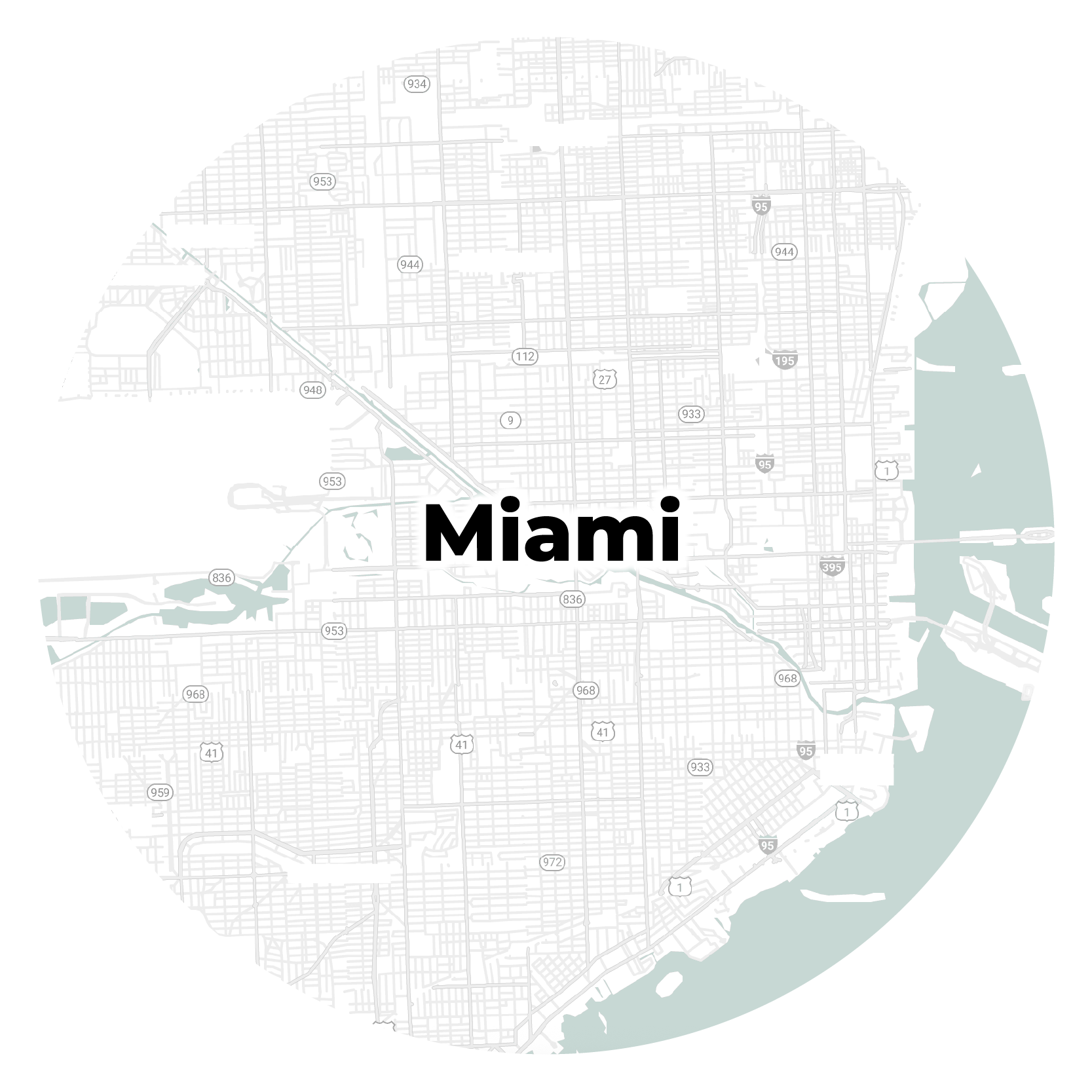 Map of Miami, Florida, highlighting nearby neighborhoods, parks, and highways.