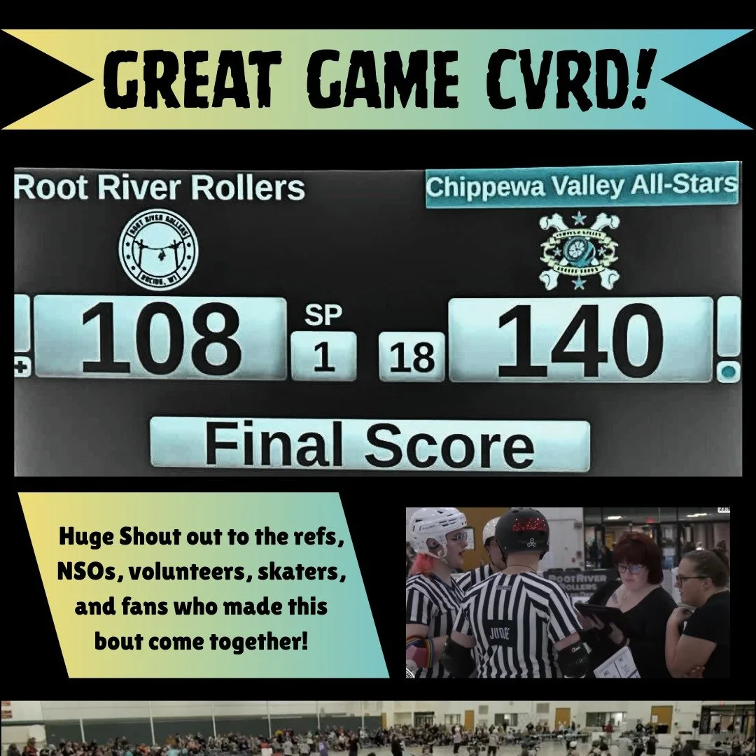 What a great game! Thank you for coming out and playing us @cvrderby09! And thank you to everyone who came out to support the game! If you missed it, you can watch us on our youtube channel!🤭 #rollerderby #rootriverrollers