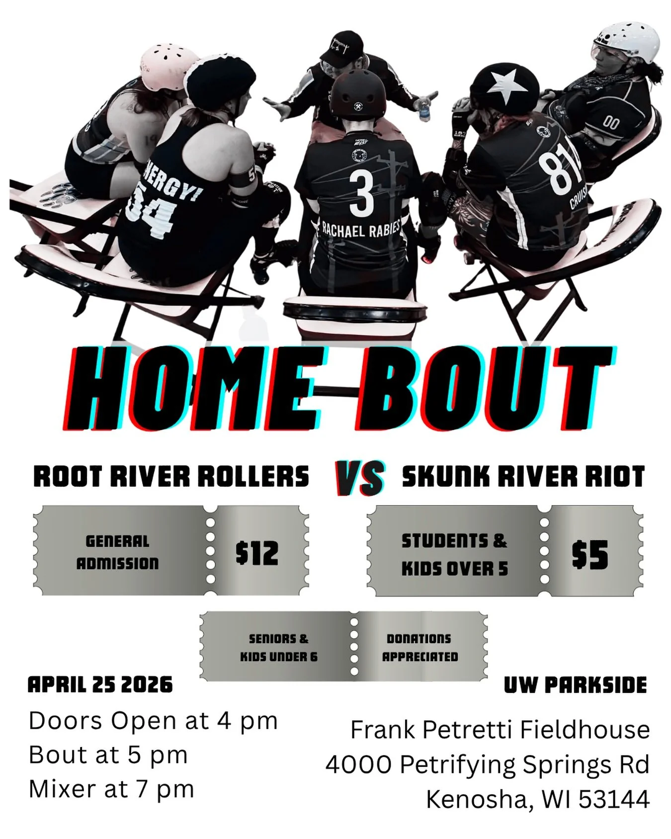 Our next home bout is 4 weeks away&hellip;and it&rsquo;s gonna be a good one.
&nbsp;
Root River Rollers vs. Skunk River Riot&hellip;fast, loud, and a little chaotic 😉🔥
&nbsp;
📍 UW Parkside &ndash; Frank Petretti Fieldhouse
🗓 April 25
&nbsp;
Doors