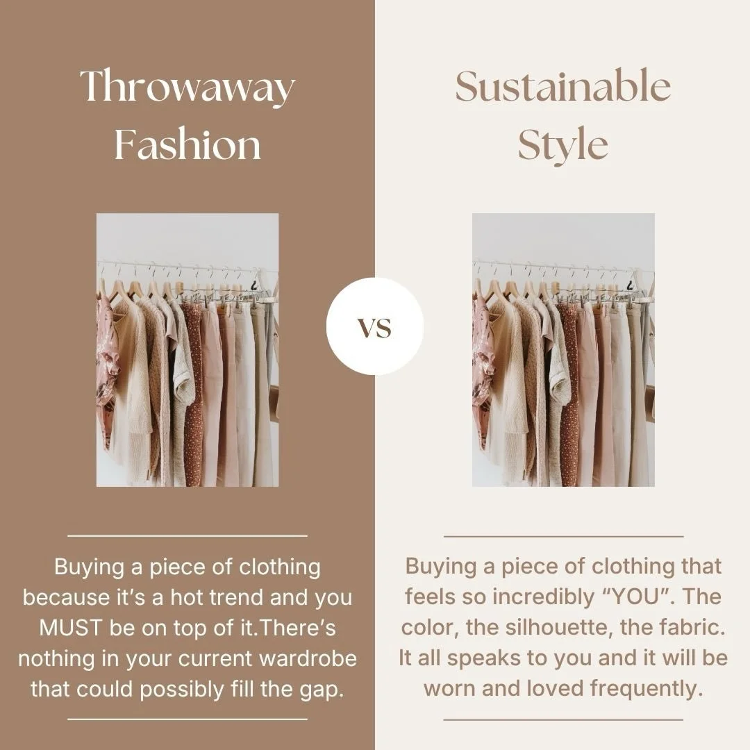 What is the difference in attitude between throwaway fashion and sustainable style?

Scroll through to find out!

❌ Buying a piece of clothing because it&rsquo;s a hot trend and you MUST be on top of it.There&rsquo;s nothing in your current wardrobe 
