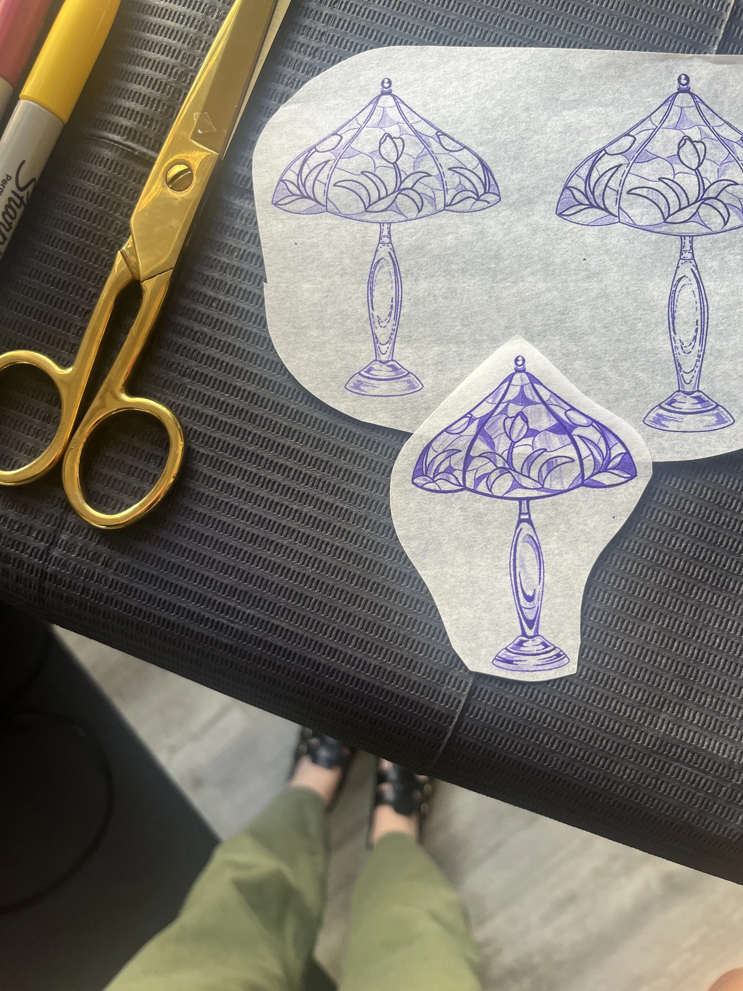 Tattoo stencil of a stained glass lamp,  tattoo process photo