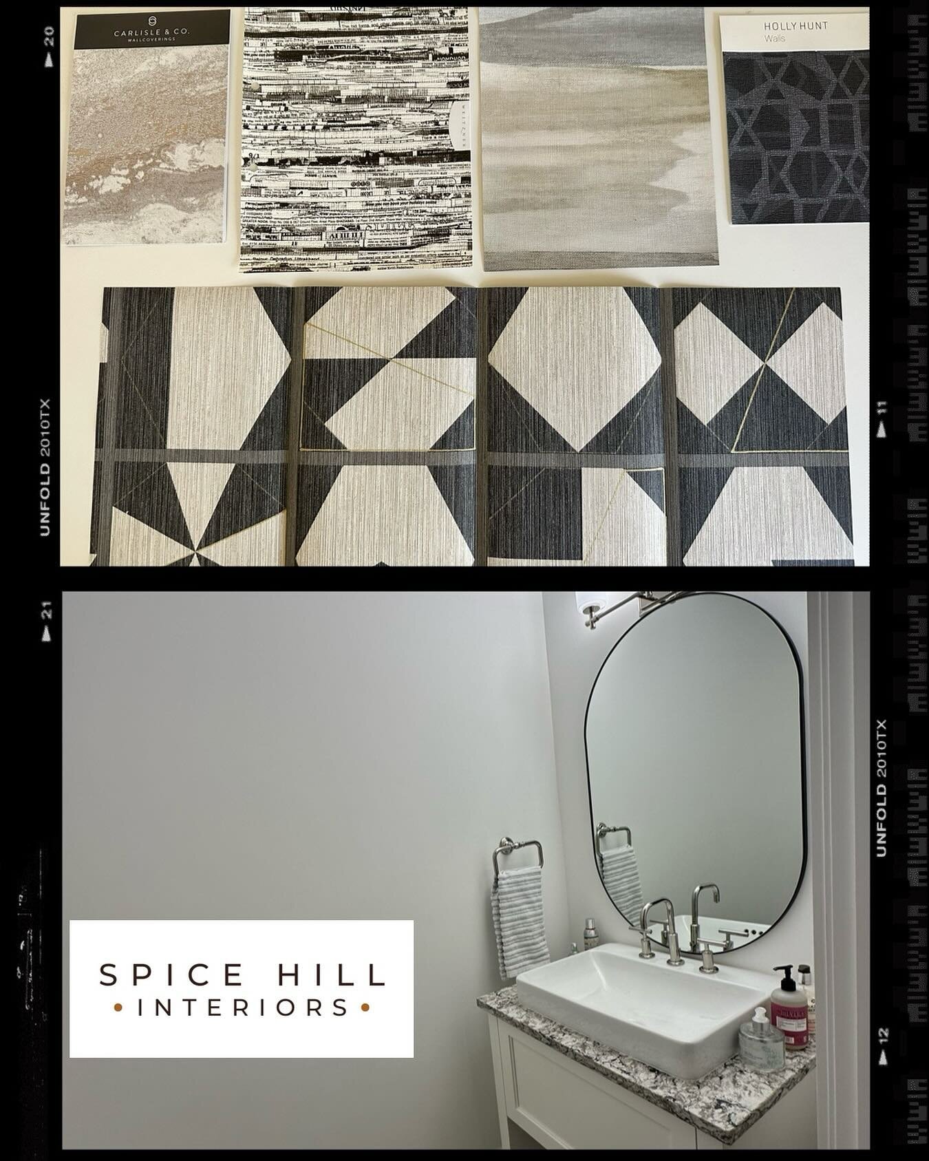 Powder Room Update.  Which wallpaper would you choose??
#westerchesterhomes #practicalinteriors #bathroominspiration #vinylwallpaper #spicehillinteriors