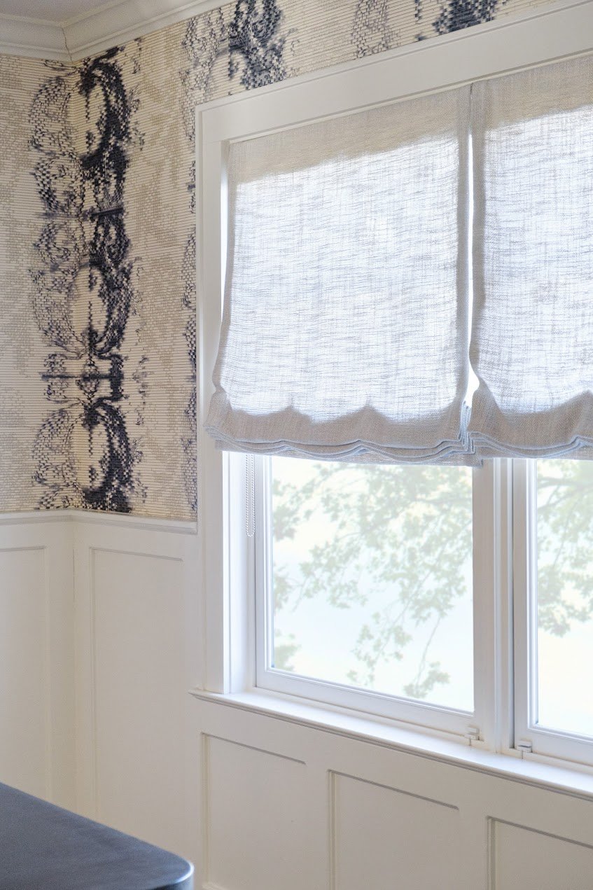 Custom roman shades are featured prominently in this Larchmont, Westchester, NY updated colonial