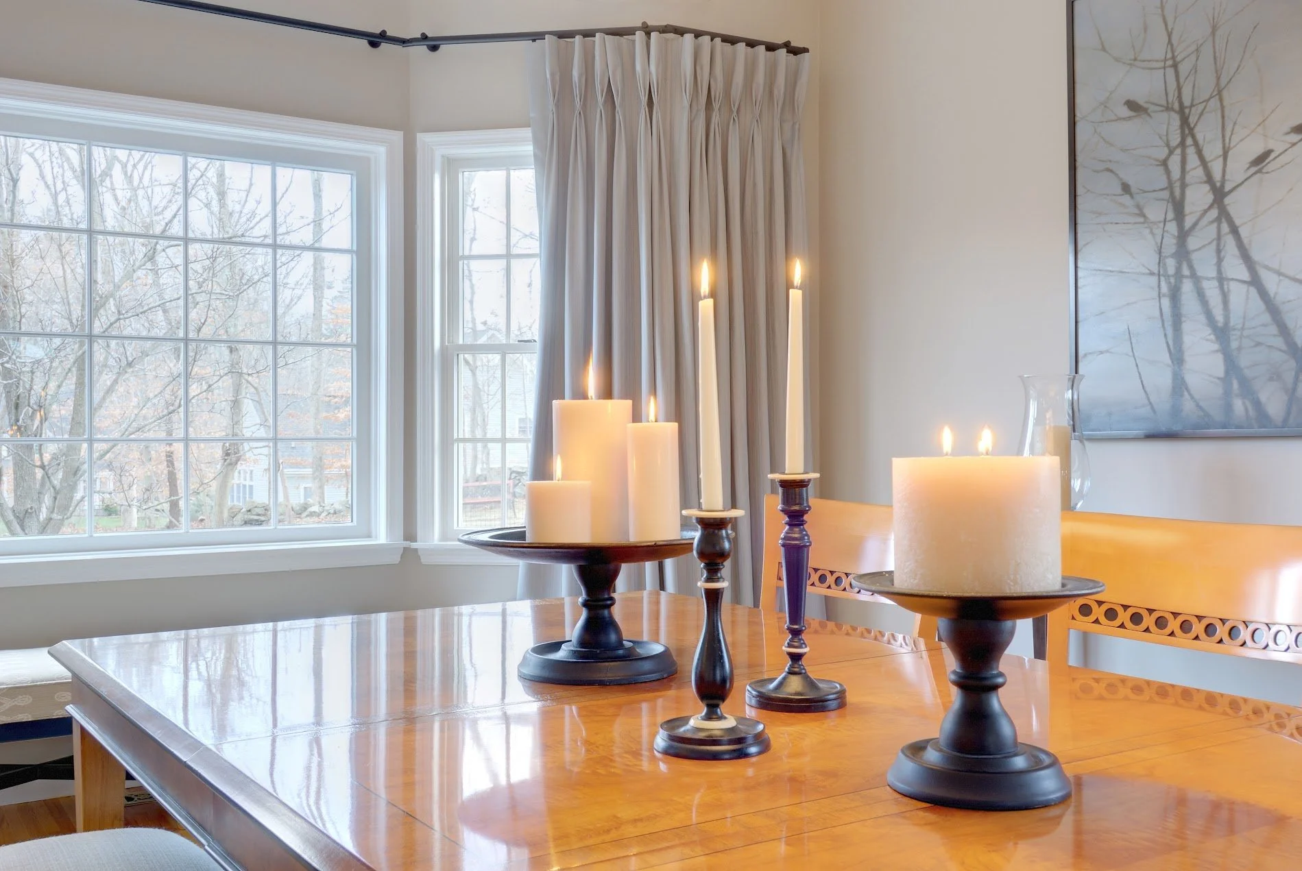 Custom bay area drapery in dining room