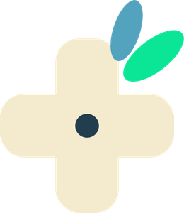 A beige first aid kit with a dark blue dot in the center and two teal and blue leaves on top.