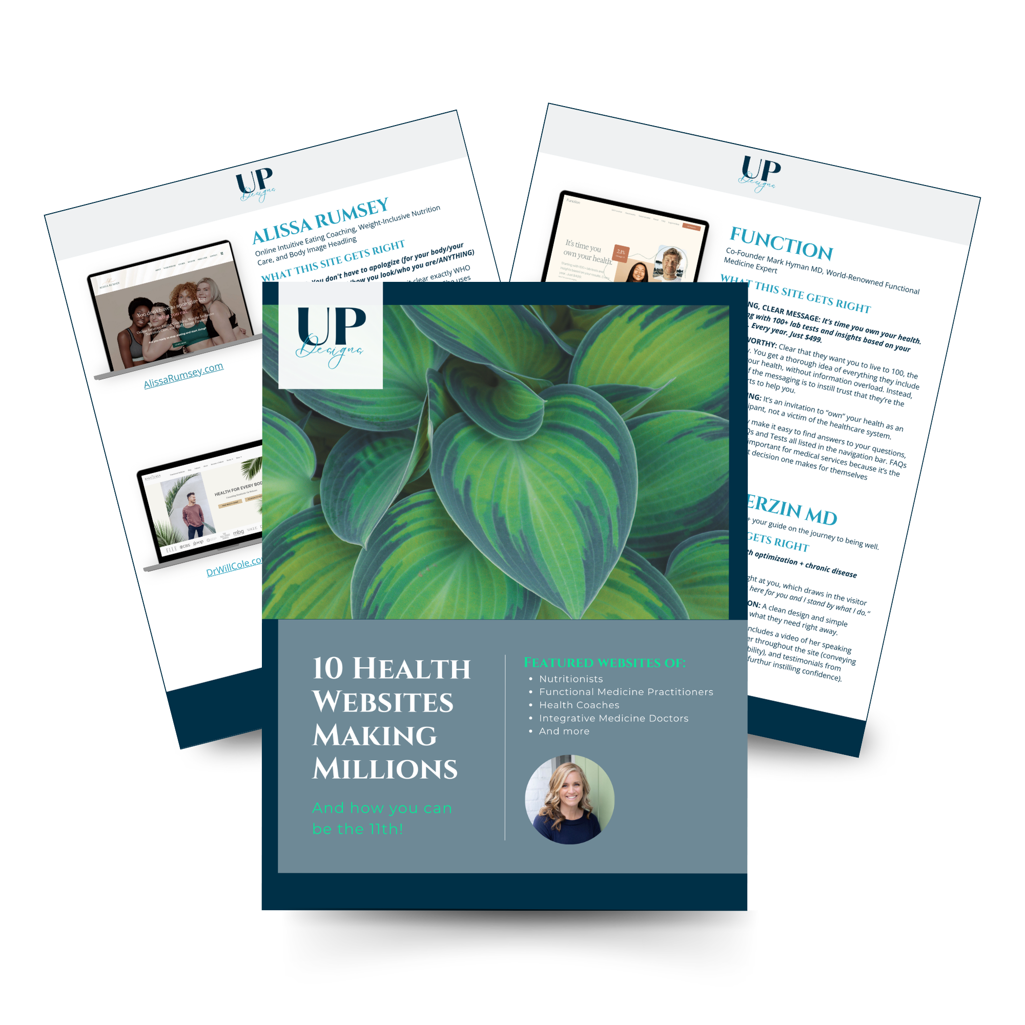 A digital brochure with a close-up of green variegated leaves on the cover and text promoting health websites, featuring a woman's photo and list of health-related website categories.