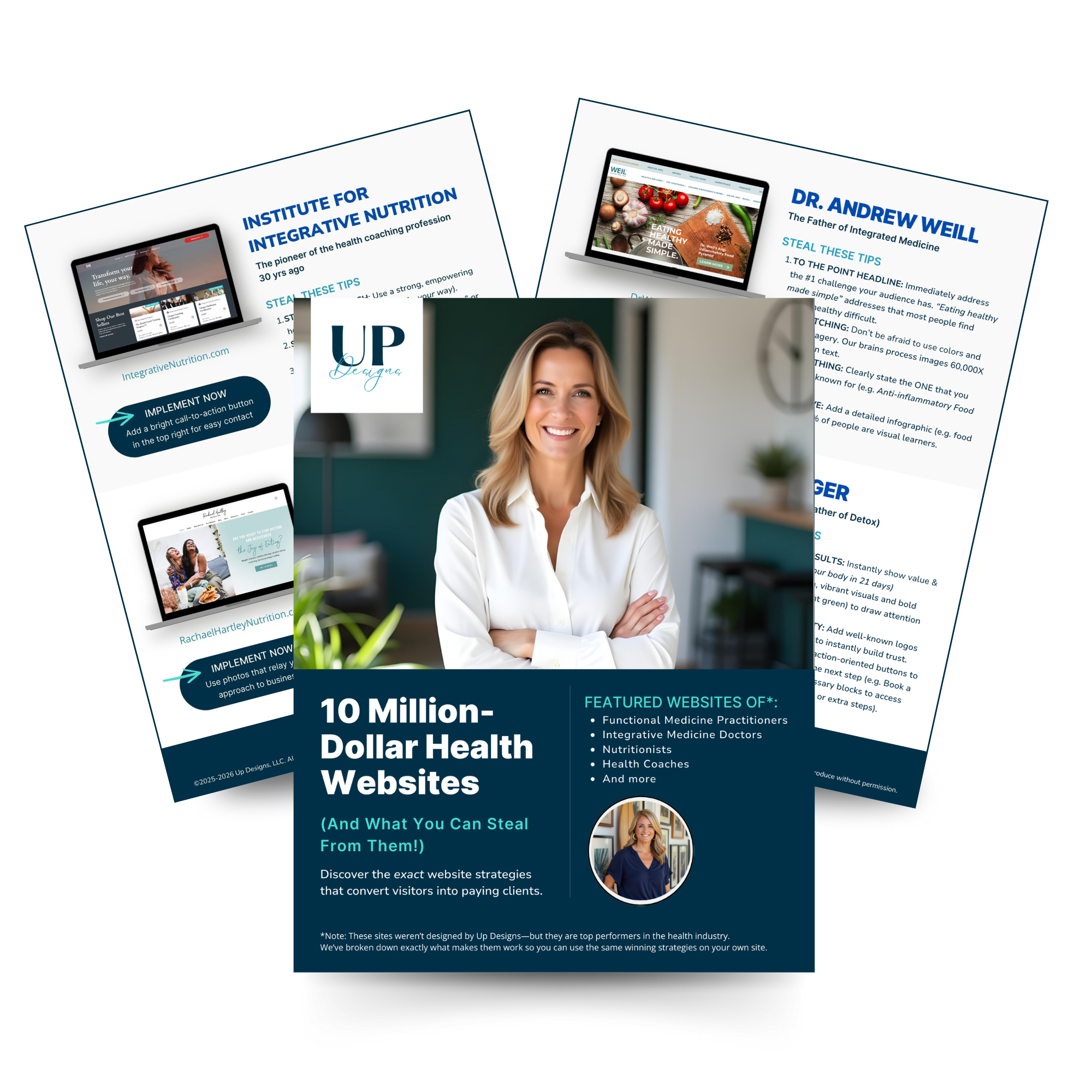 Brochure featuring health websites, with a smiling woman in a white shirt in the center, and pages listing health tips and strategies for health websites.