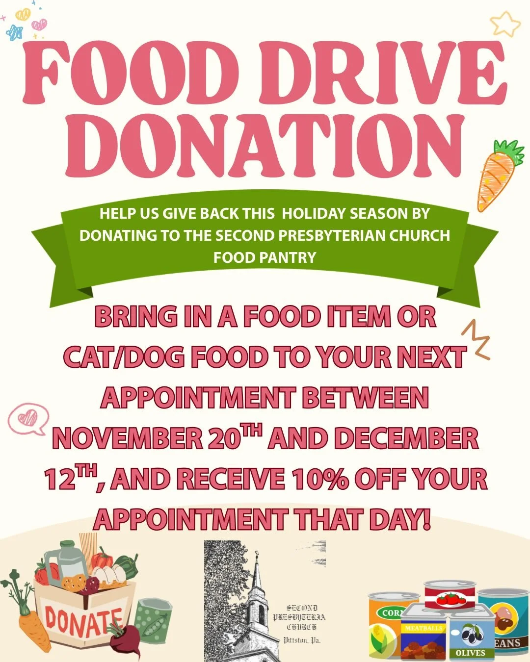 ICYMI✨🥕🥫 We are doing a food drive in partner with the Second Presbyterian Church Food Pantry!!

With the holidays right around the corner, we want to give back to the community that has supported us through every season. If you bring in any of the