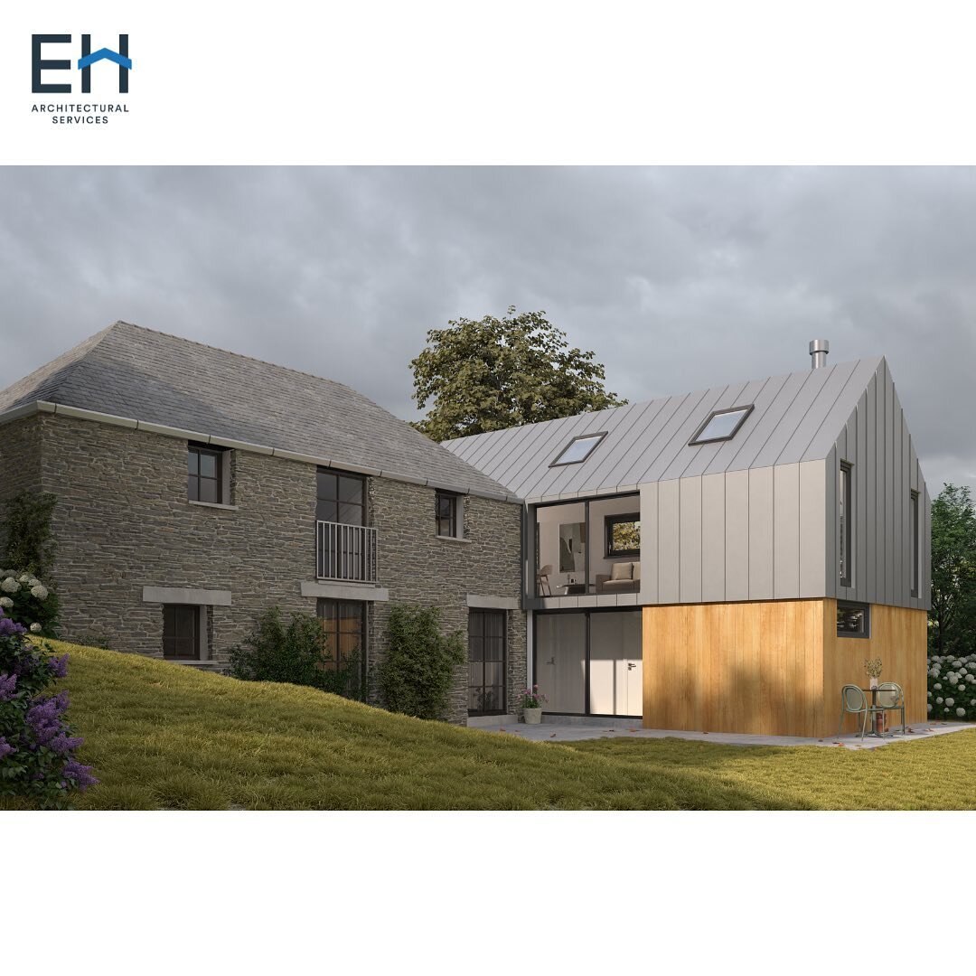 Visuals complete for our 2 storey extension proposal near Wadebridge. 

Zinc and cedar vertical cladding encases this modern addition while the windows on the first floor frame forest canopy views and the countryside beyond.

Renders are a great way 