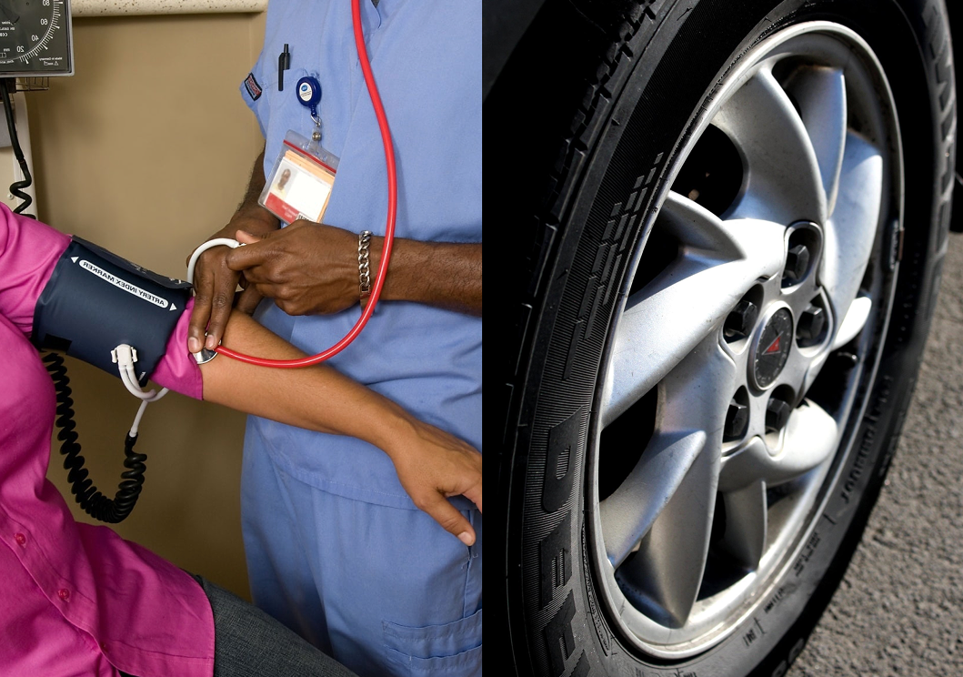 Left: doctor taking blood pressure. Right: car tire