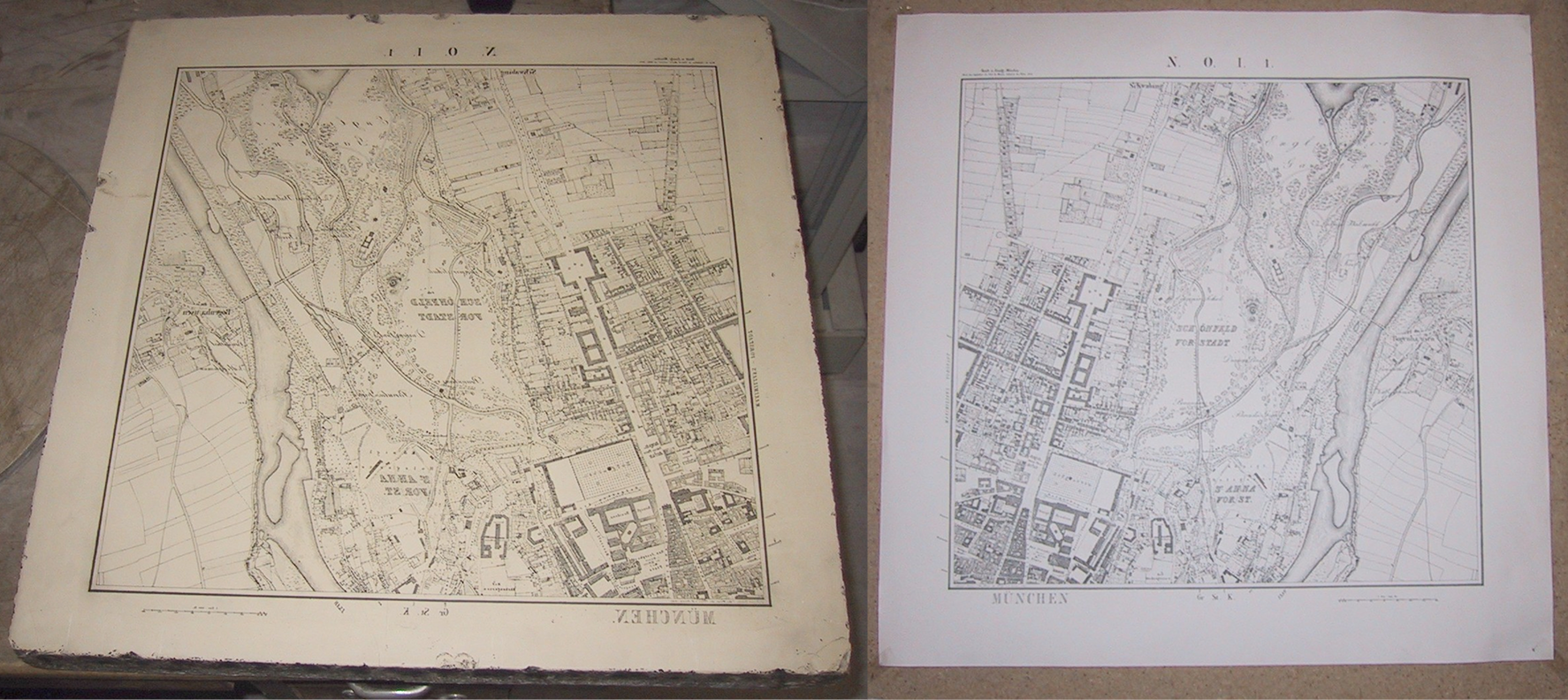 Left: a lithography negative stone, right: the print.