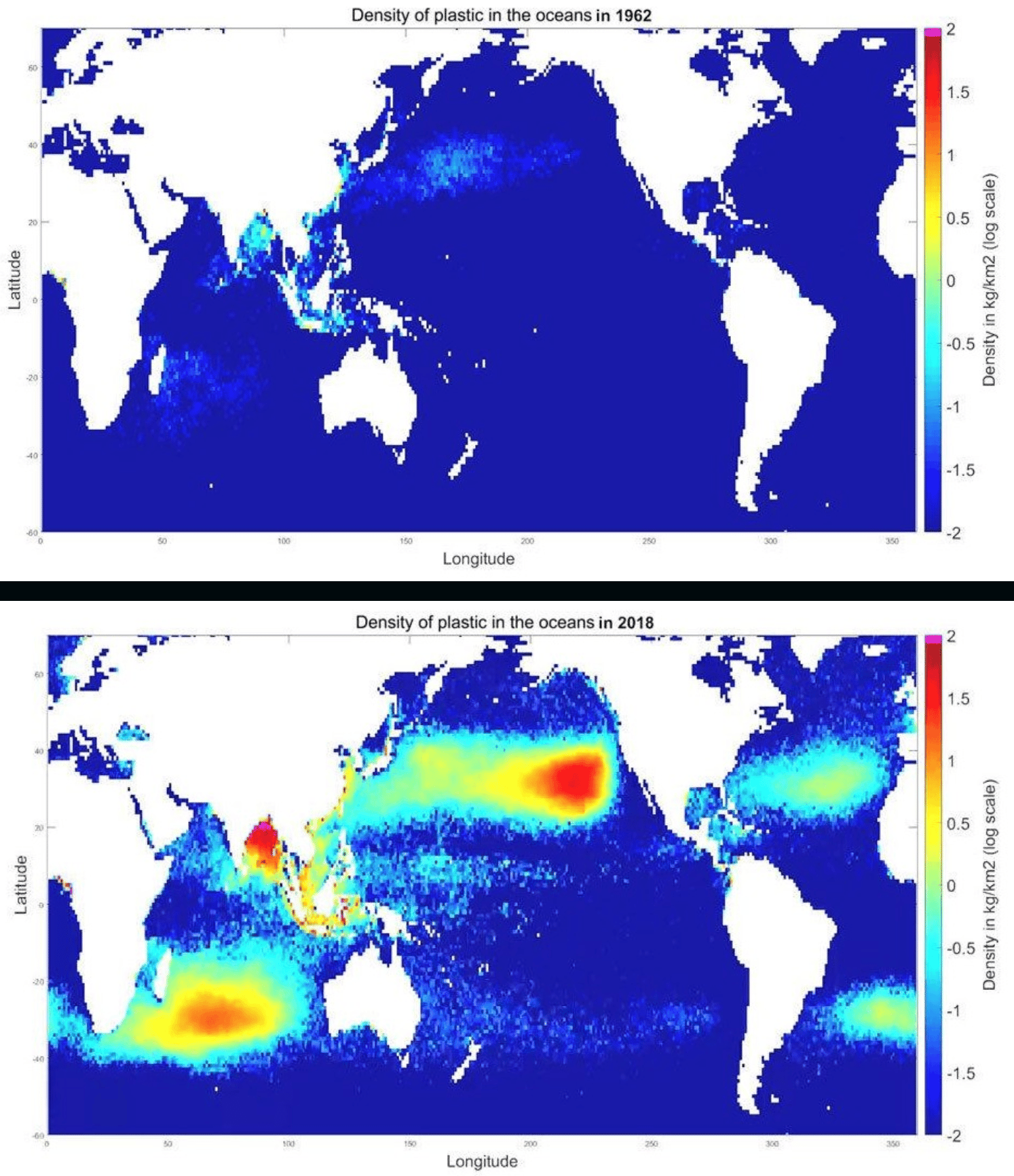 Density of plastic in the oceans in 1962 (top) vs 2018 (bottom)