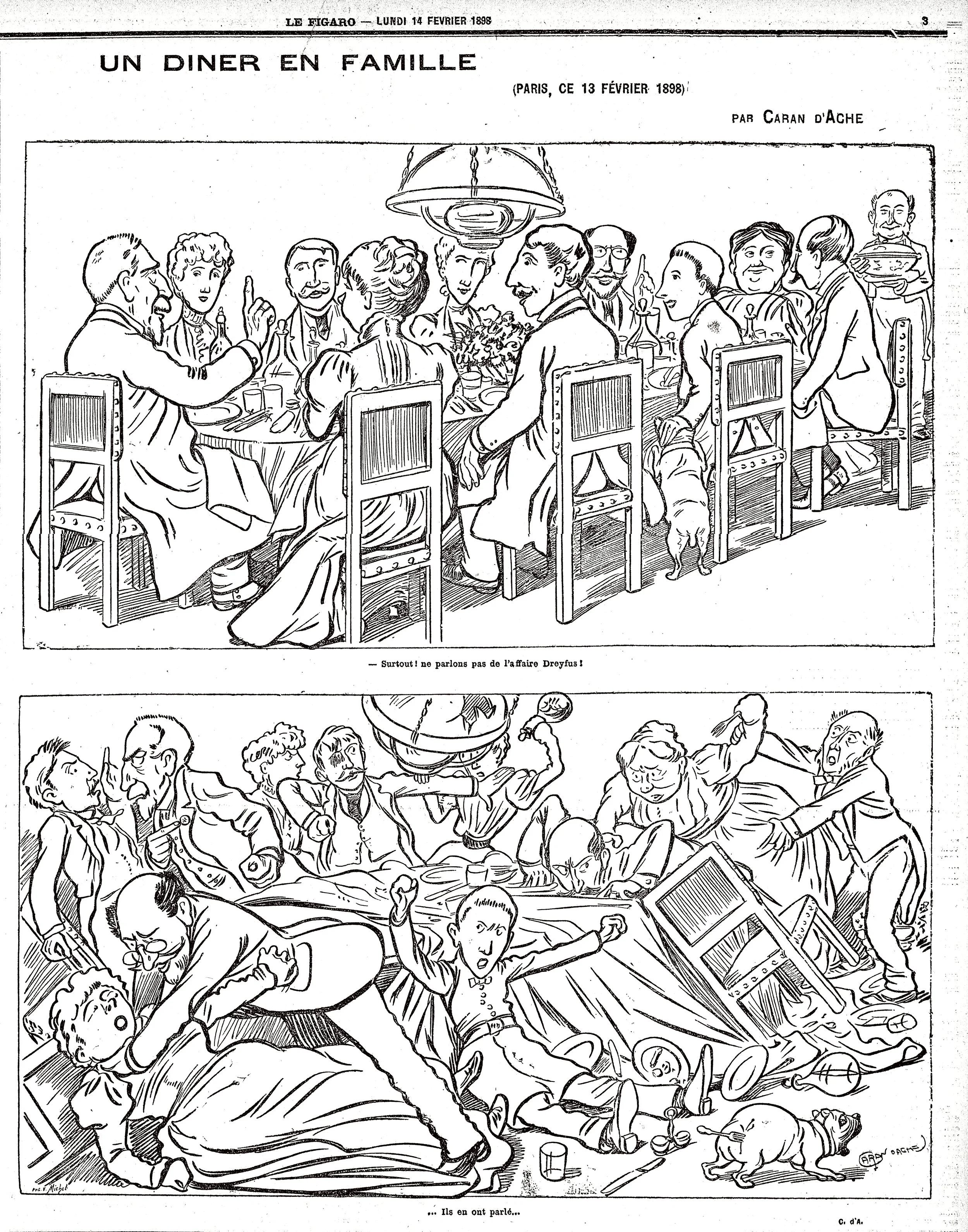 Comic from February 14, 1898 that depicts the divisions in French society during the Dreyfus Affair. At the top, somebody says "Above all, let us not discuss the Dreyfus Affair!". At the bottom, the caption says "They have discussed it".