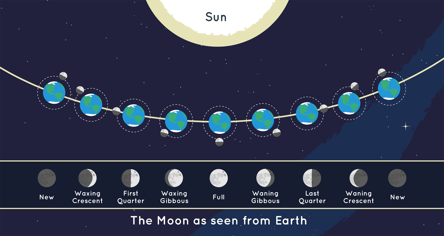 A graphic showing how the moon's orbit lines up with the moonlight cycles