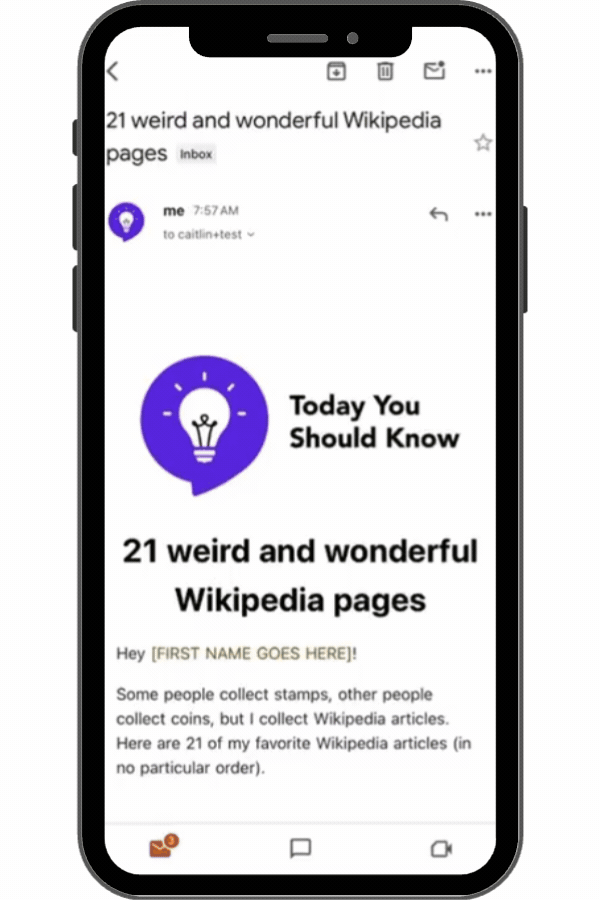 Screenshot of an email titled '21 weird and wonderful Wikipedia pages' showing a purple lightbulb icon and the headline 'Today You Should Know'.