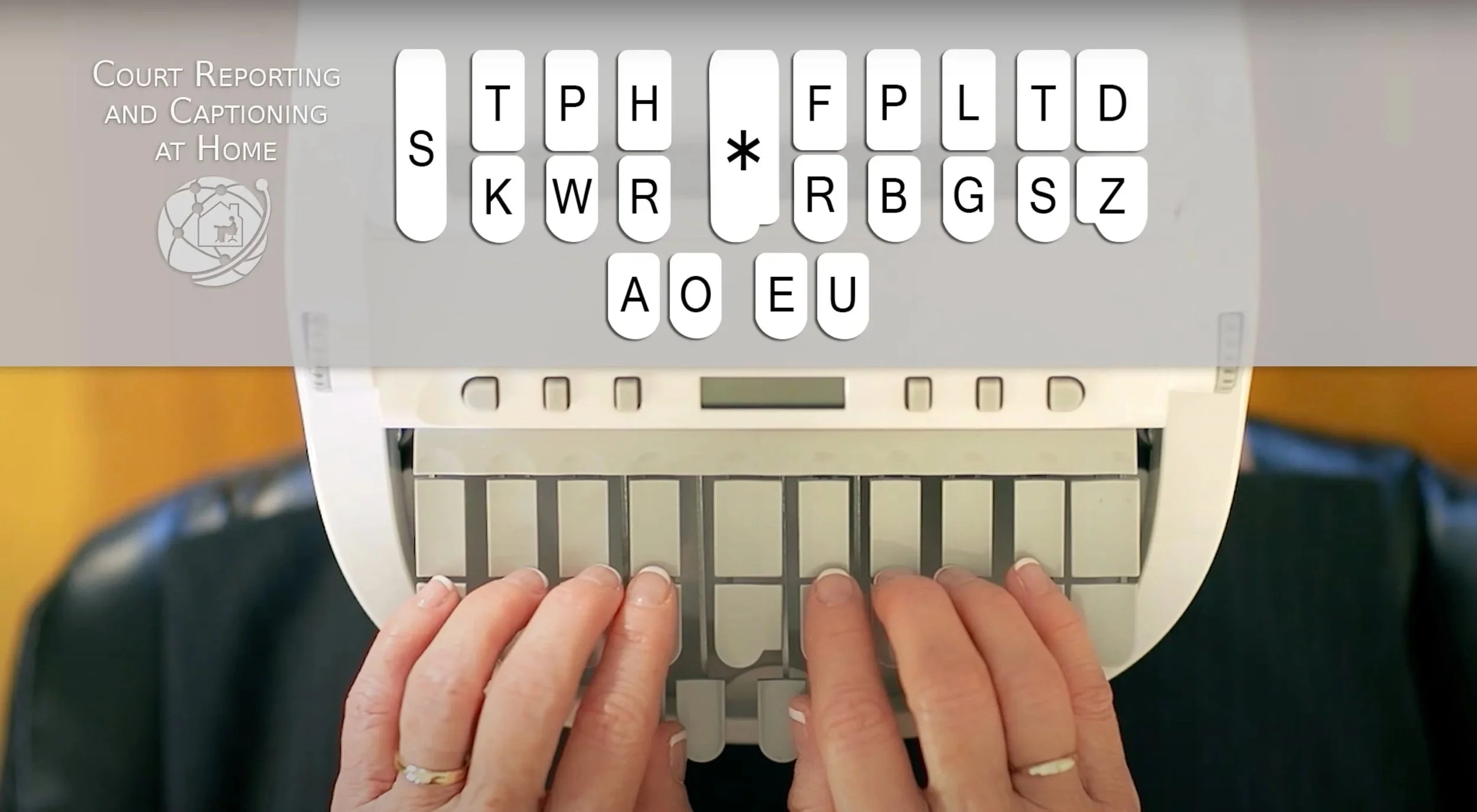 Close-up view of a stenograph keyboard showing the keys grouped for phonetic shorthand entry.