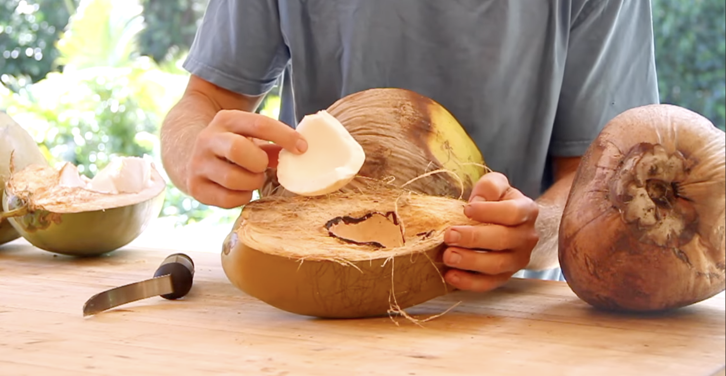 A person pulling out coconut meat out of a coconut.