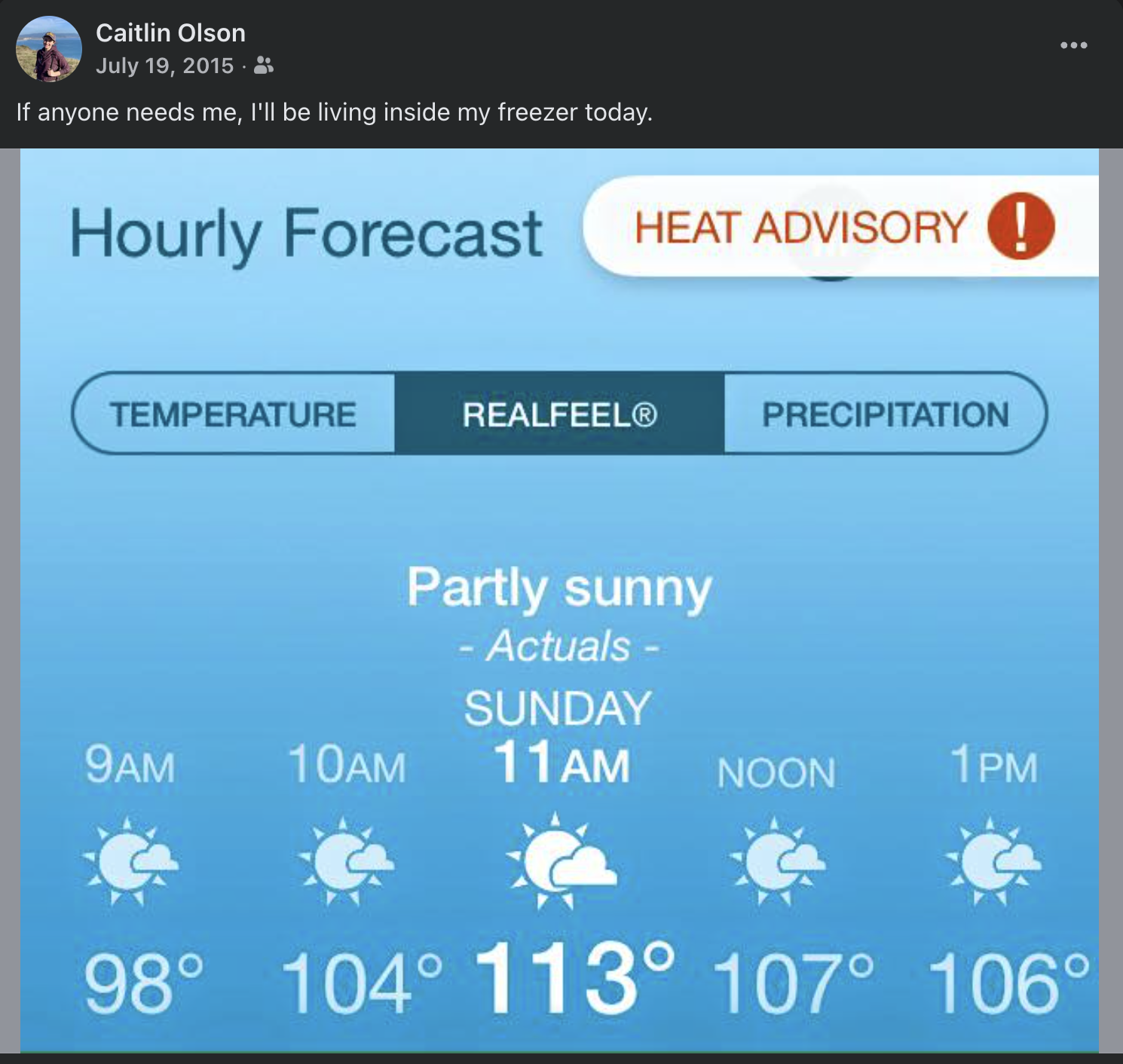 Screenshot of a Facebook post with a screenshot of the hourly replit forecast with a heat advisory showing 113°F. The caption reads: If anyone needs me, I'll be living inside my freezer today.