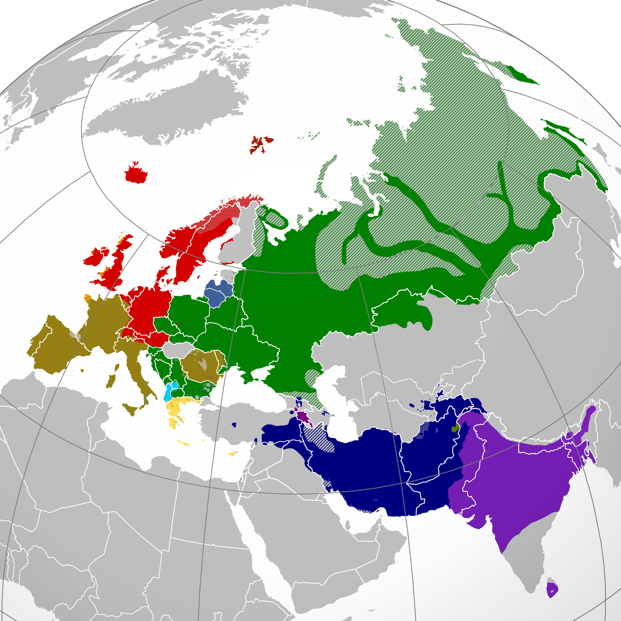 The approximate present-day distribution of the native speakers of the eight branches of the Indo-European language family within Europe and Asia.