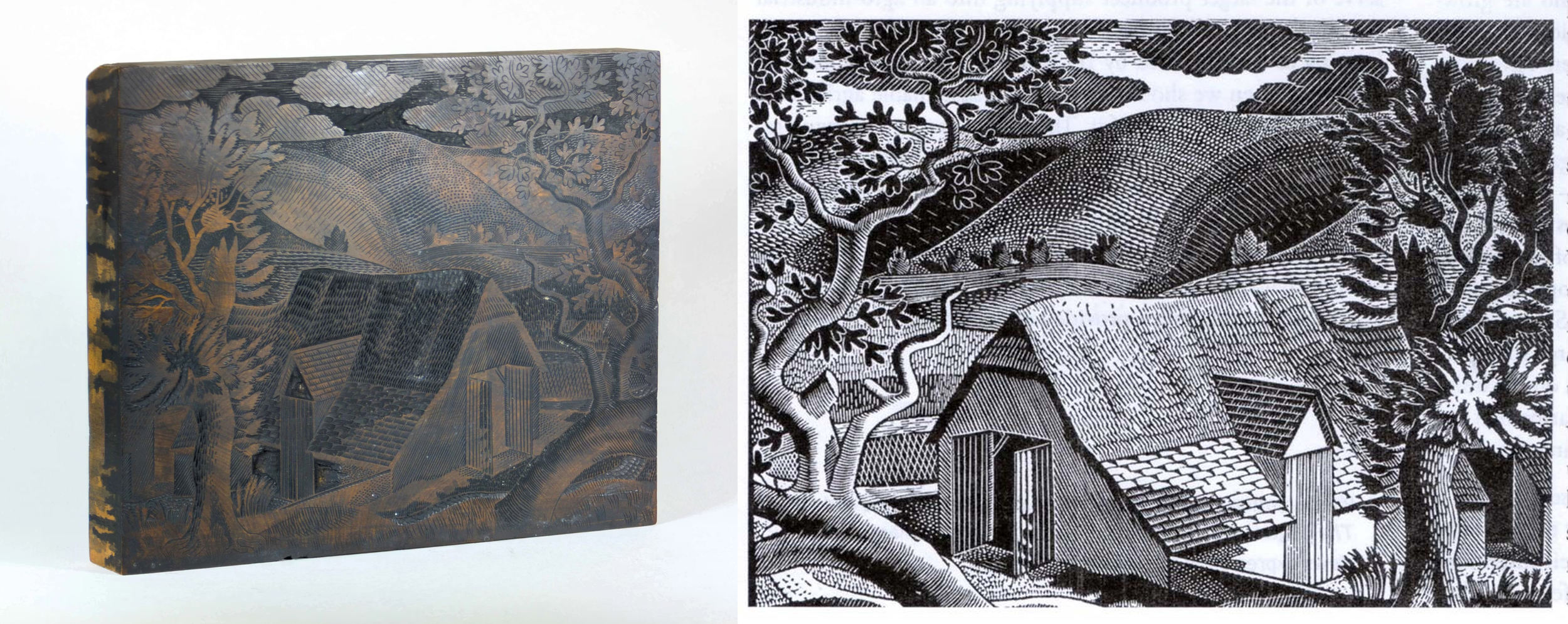 Left: a woodblock of Sussex landscape. Right: the print.