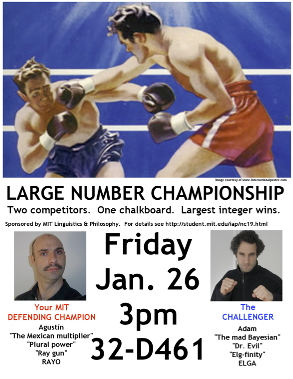 Large number championship: two competitors, one chalkboard. Largest integer wins.