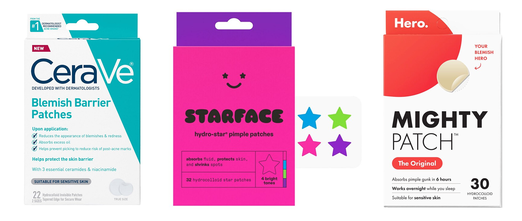 Image of three brands of pimple patches