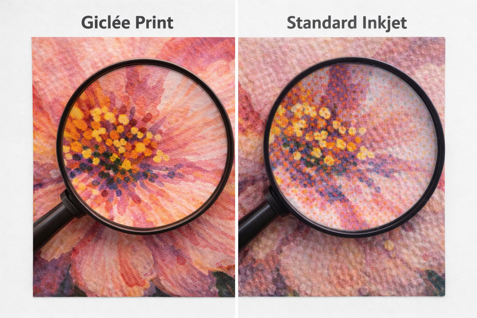 Left: a close-up of a giclée print. Right: a close-up of a standard inkjet print.