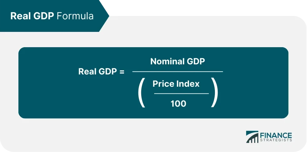 The real GDP formula: real GDP = nominal GDP / price index / 100.