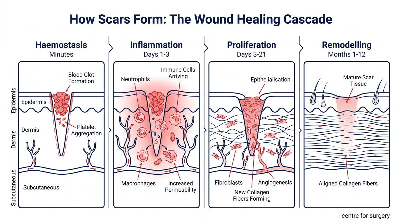 Diagram showing the phases of how scars form: 1. Hematosis 2. Inflammation 3. Proliferation 4. Remodeling