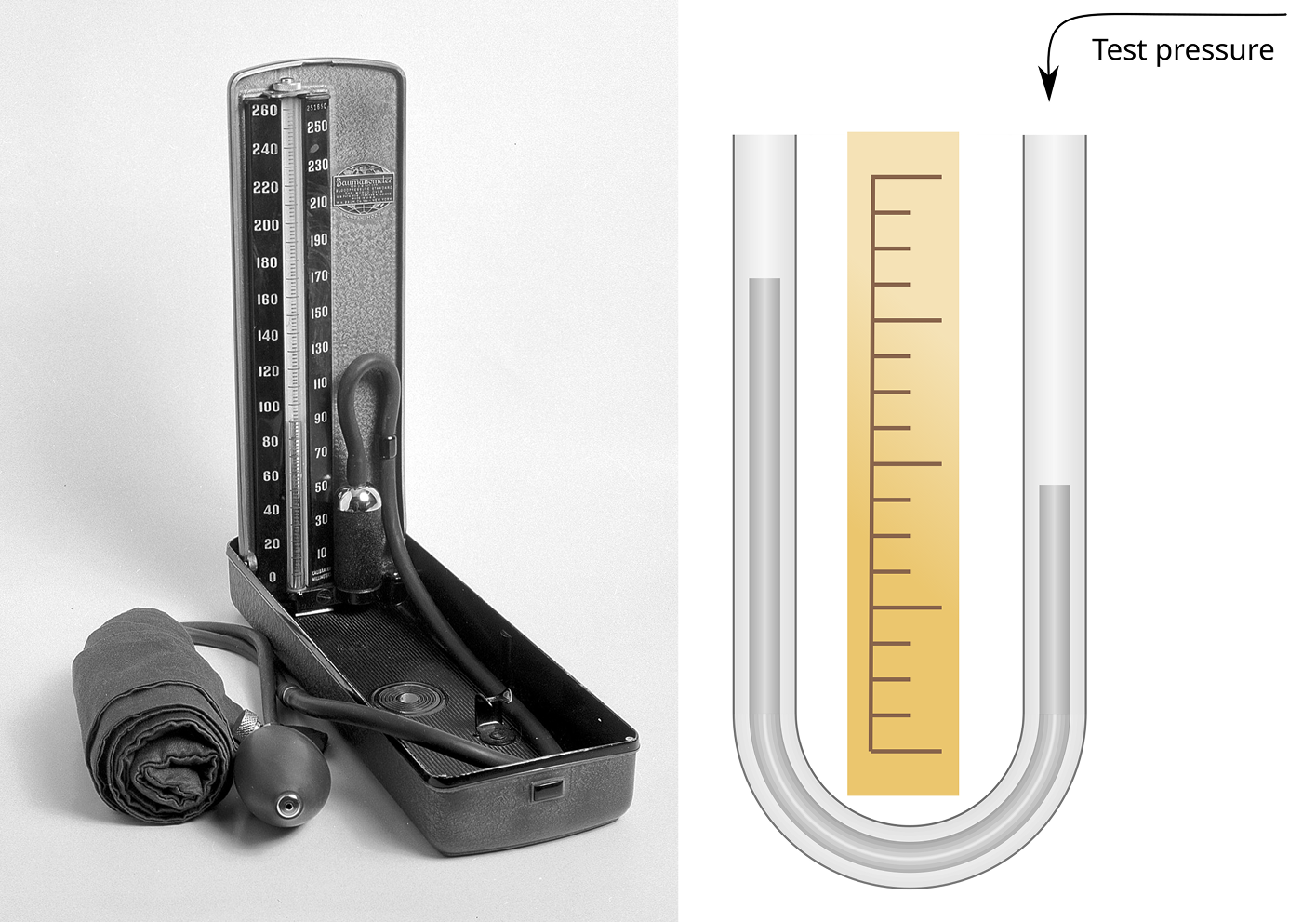 Left: A mercury sphygmomanometer. Right: A diagram showing how pressure from the cuff pushes mercury up a measurement column.