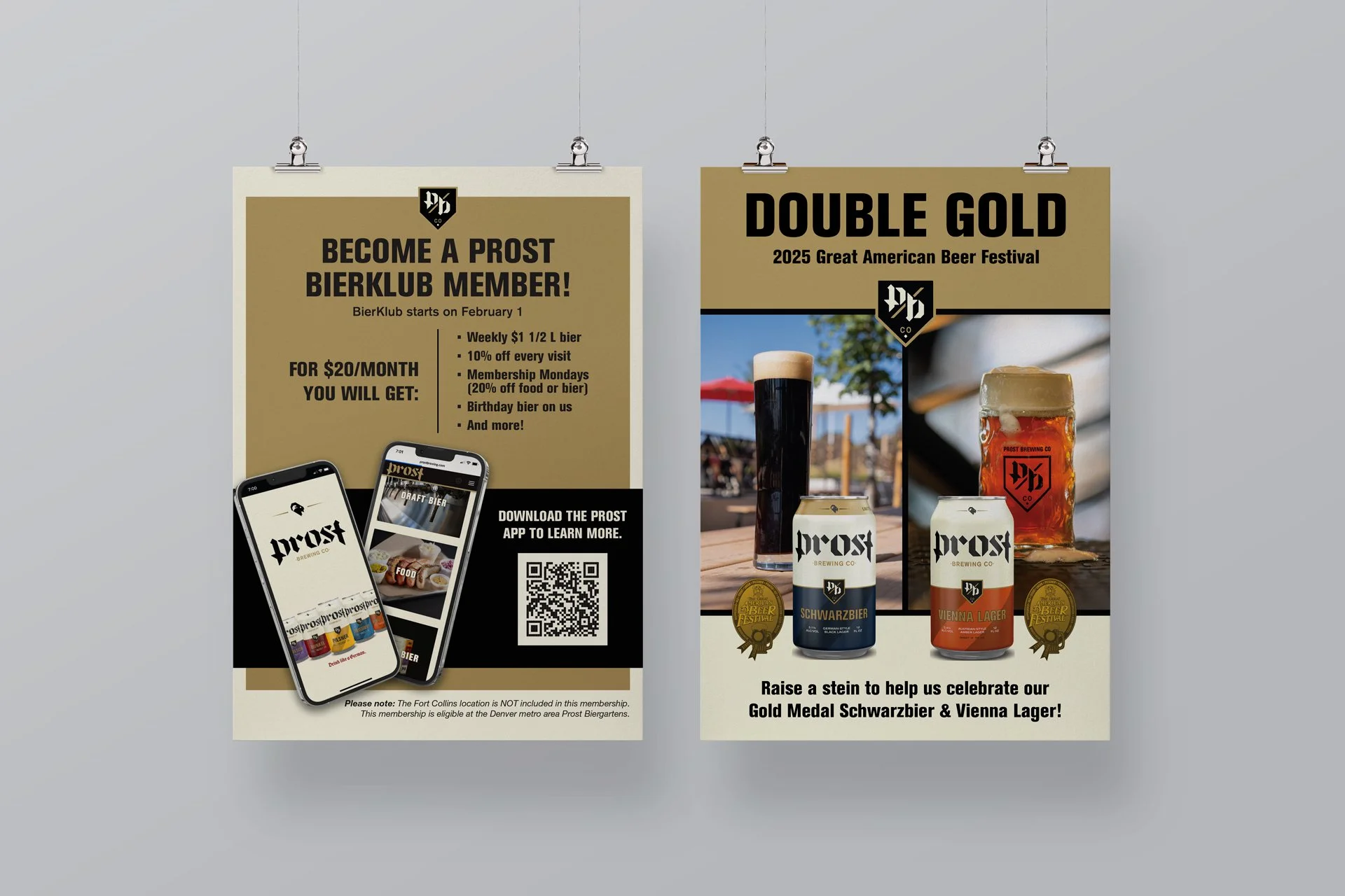 Designed a promotional and celebratory poster pairing for Prost Brewing Co., including an announcement for the BierKlub transition to the Prost app and a highlight of Gold Medal wins at the Great American Beer Festival. The work balances functional c
