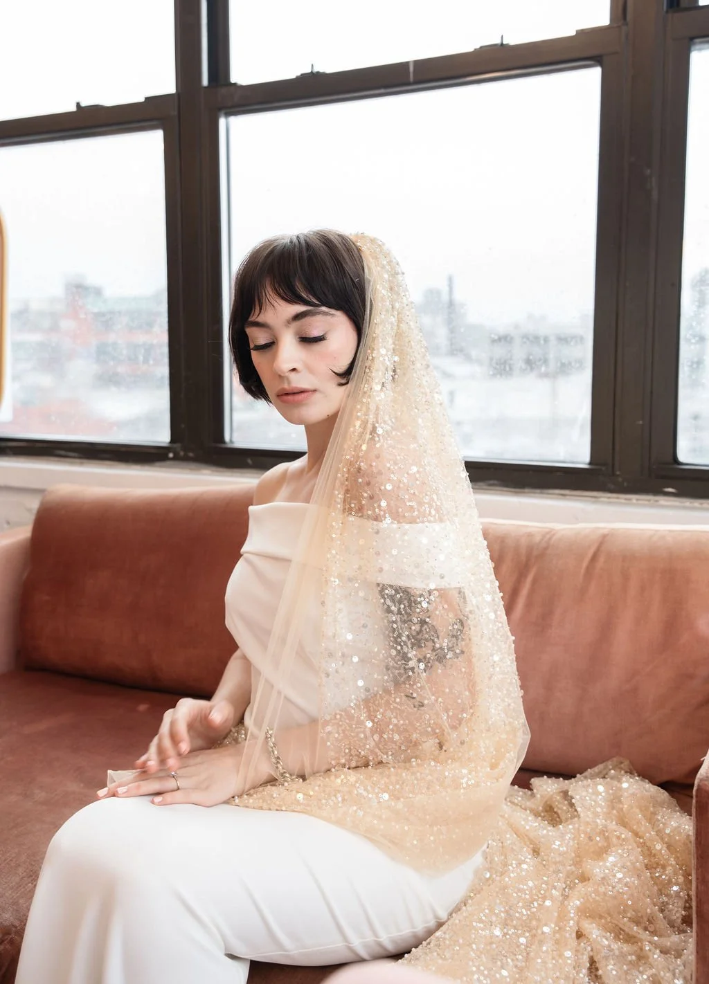 veil for champagne wedding dress Ombre Champagne Floral Lace Ivory Cathedral Veil with Blusher Bridal V SheerGirl
