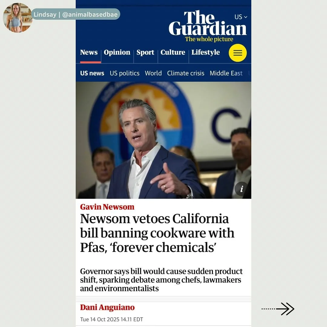 PFAS Ban BLOCKED in California. Yep &mdash; &ldquo;forever chemicals&rdquo; are still legal in your kitchen, cookware, cleaning products and food packaging. 

Governor @gavinnewsom vetoed SB 682 last week &mdash; a bill that would&rsquo;ve banned tox