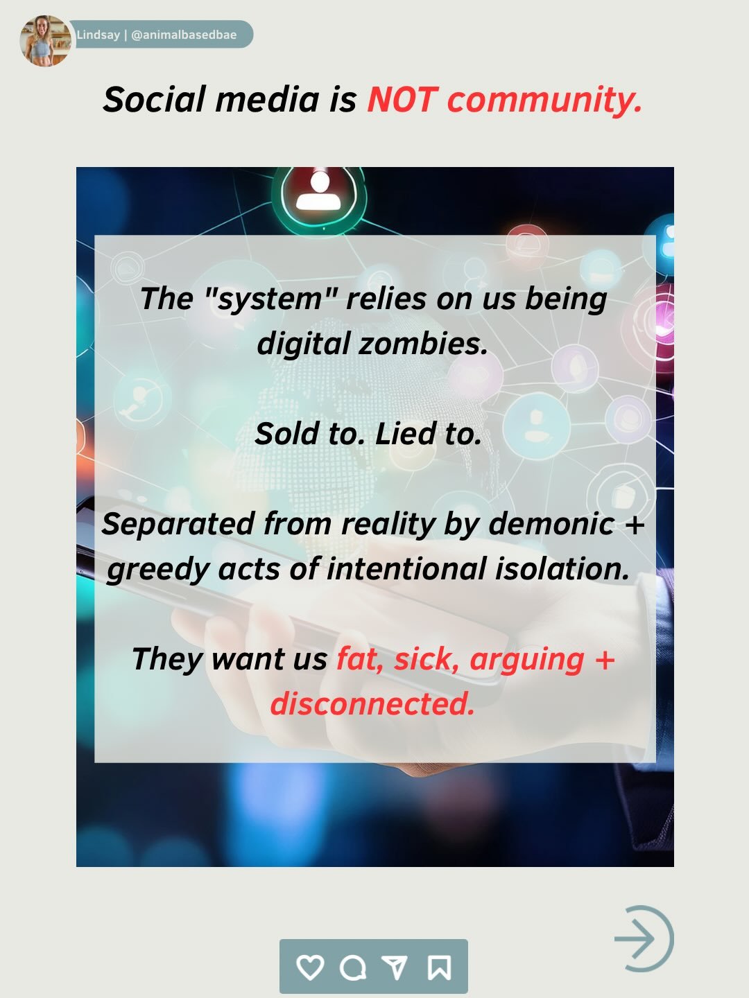 We talk about food as wellness, but true health feet on the ground and humans by your side.

We defeat the machine by becoming human again.

We need real soul.
Real spirit.
Real conversations.
Real community-driven food.
Real connection.
Real land.

