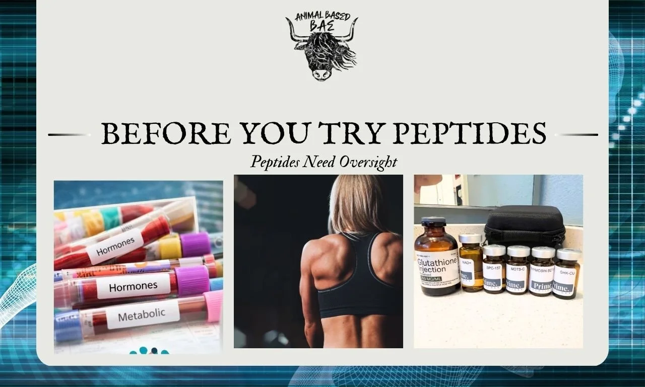 Collage-style banner featuring strength training, clinical blood testing, and peptide vials, highlighting the importance of lifestyle foundation, lab monitoring, and responsible peptide usE