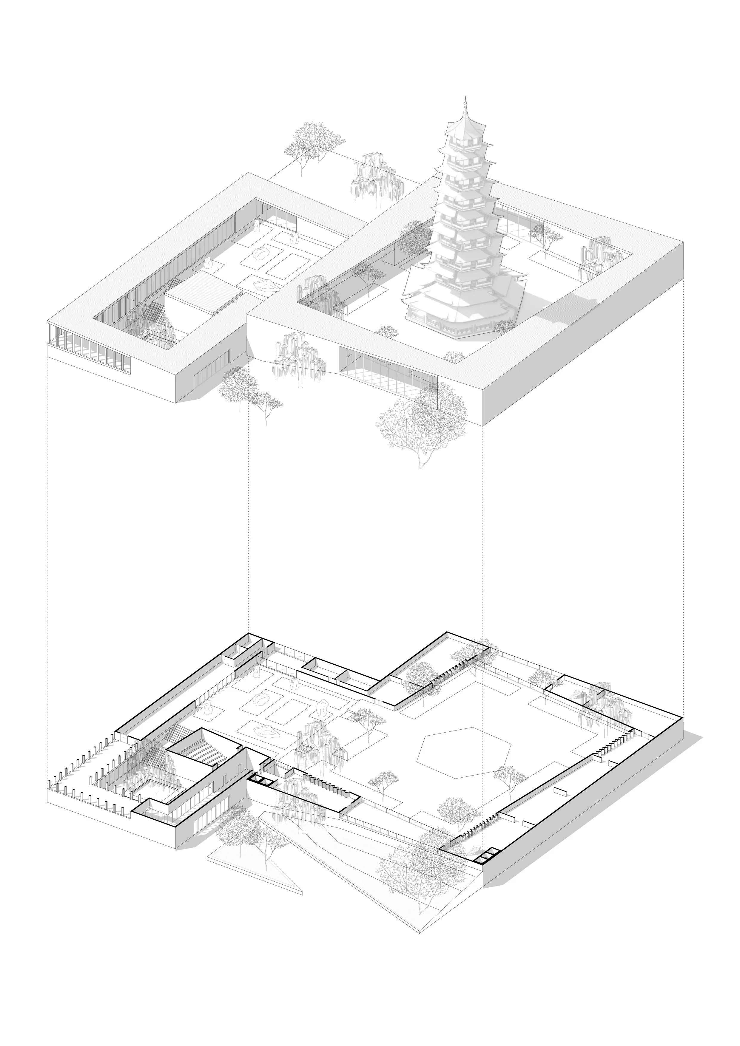 A black and white architectural drawing featuring a traditional pagoda surrounded by landscaped gardens, trees, and connected buildings.