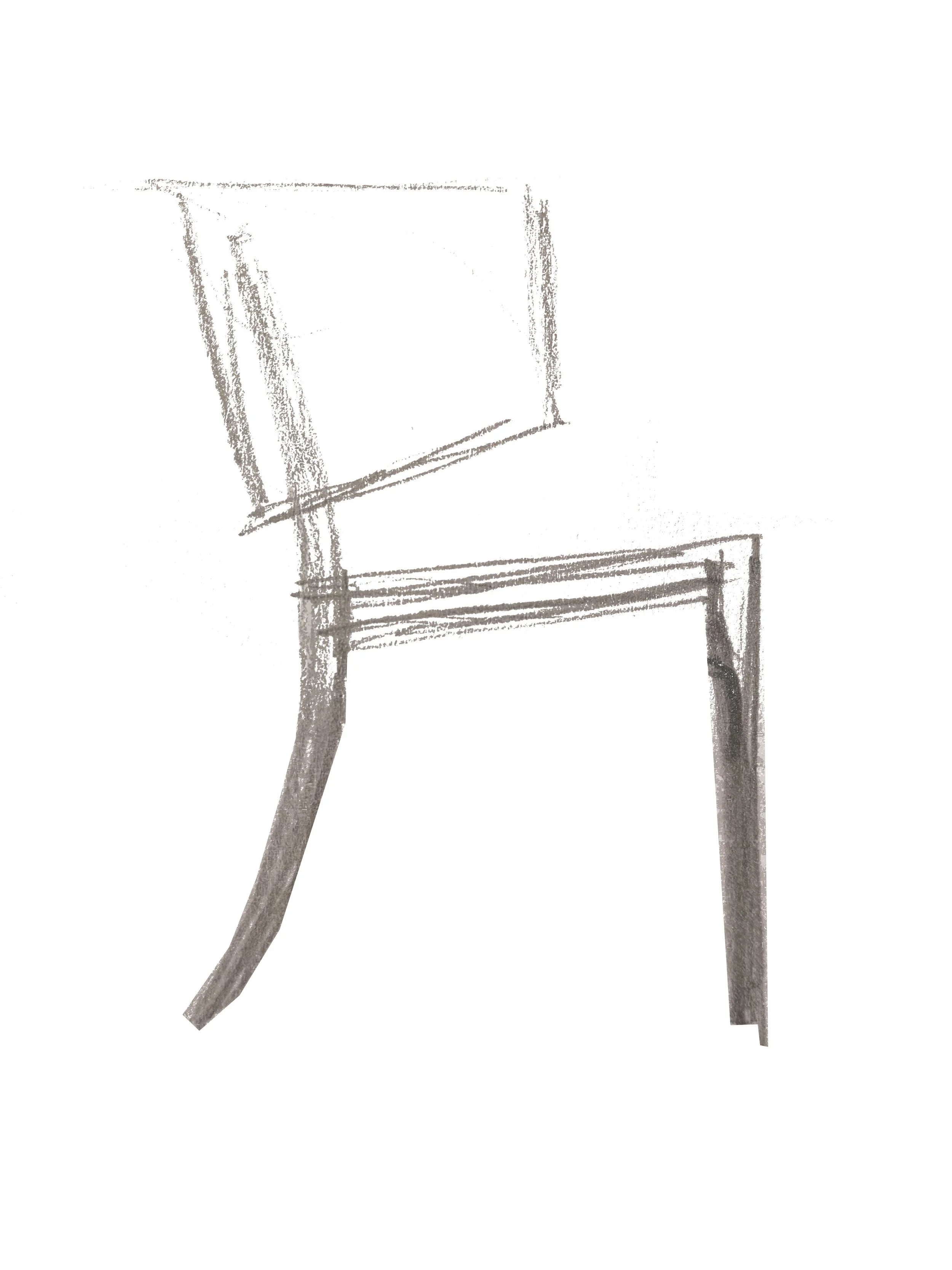A pencil sketch of a chair with a rectangular backrest and four legs, some parts are shaded darker.