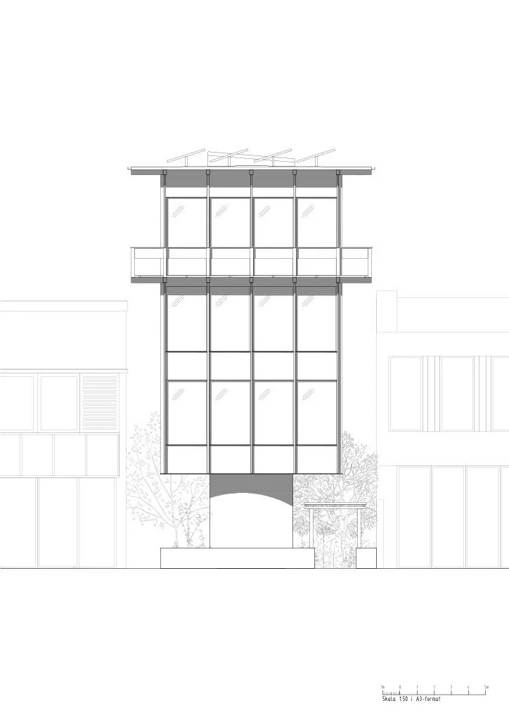 Architectural elevation drawing of a modern multi-story building with large glass windows, a balcony on the second floor, and an arched entrance on the ground level, surrounded by trees.