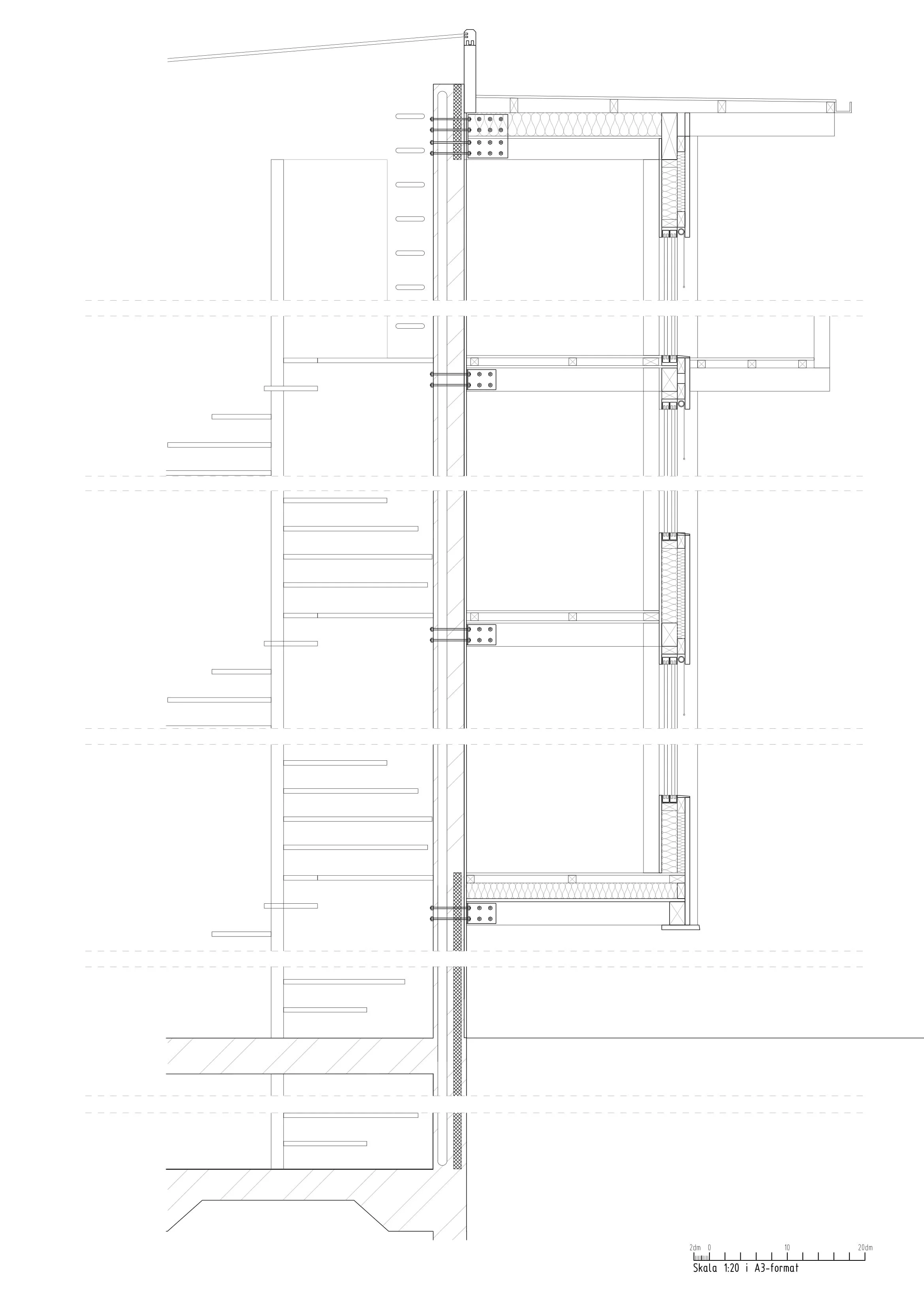 Architectural technical drawing showing cross-sections of a building structure with detailed components, measurements, and annotations.