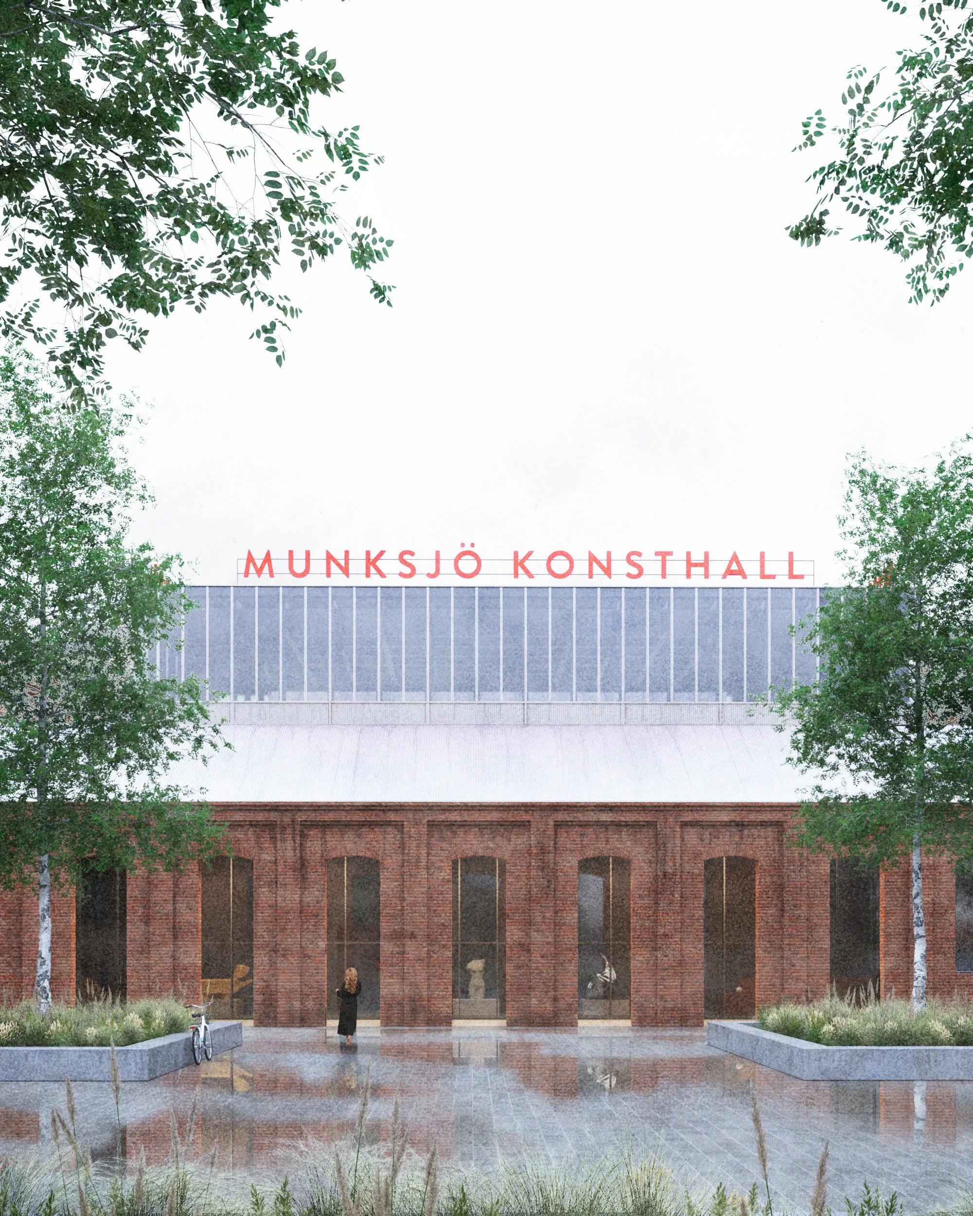 The Munkjö Konsthall, a modern art gallery with a brick exterior and large glass doors, flanked by green trees, with a person standing outside and a bicycle nearby.